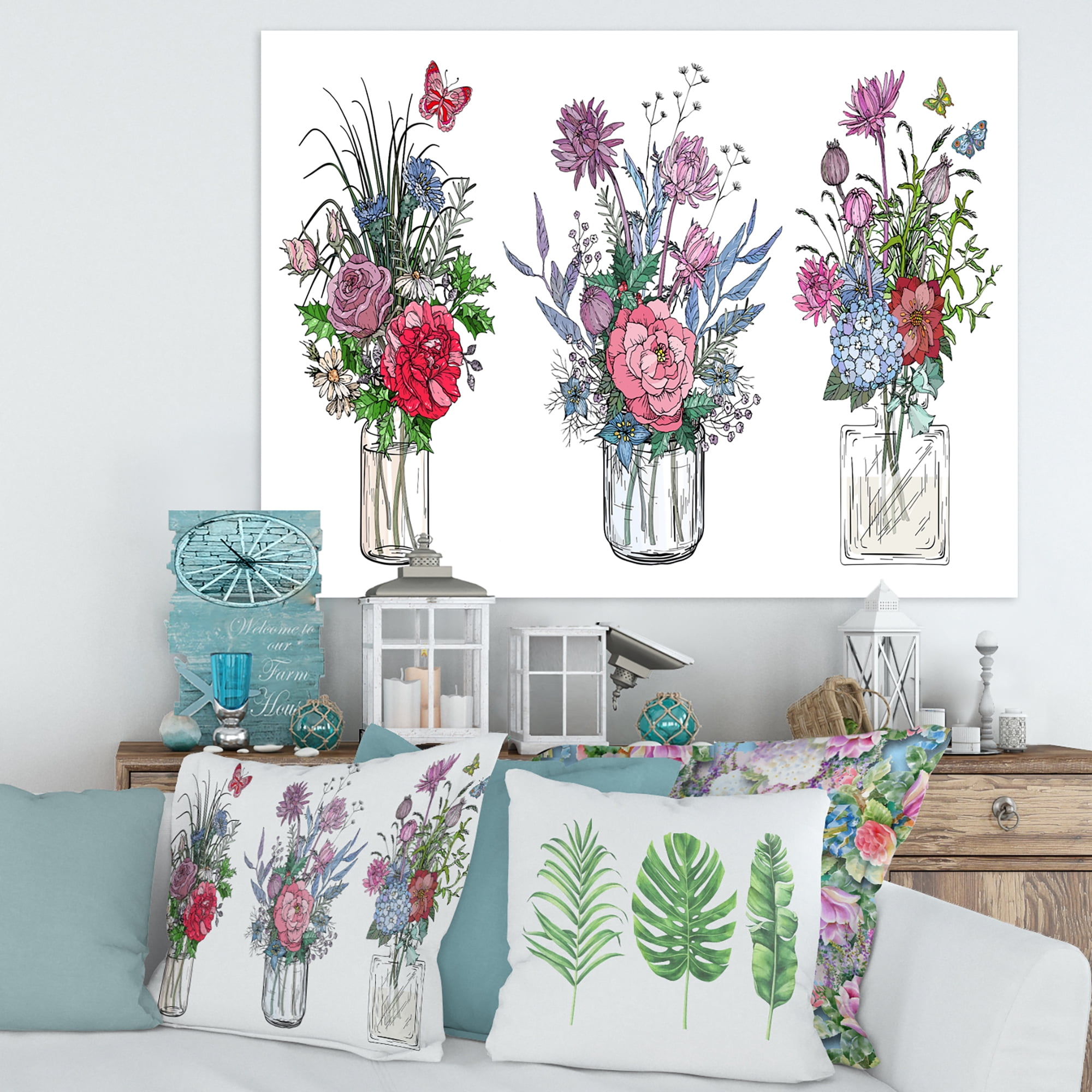 Designart ' Transparent Vases With Bouquets of Wildflowers I ' Farmhouse Canvas Wall Art Print