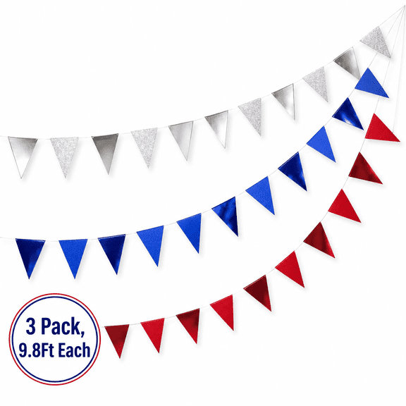 Kabuer 4th of July Banner Patriotic Triangle Banner, Red White and Blue Decorations Pennant Garland for Independence Day Supplies, 3 pack, 9.8Ft Each