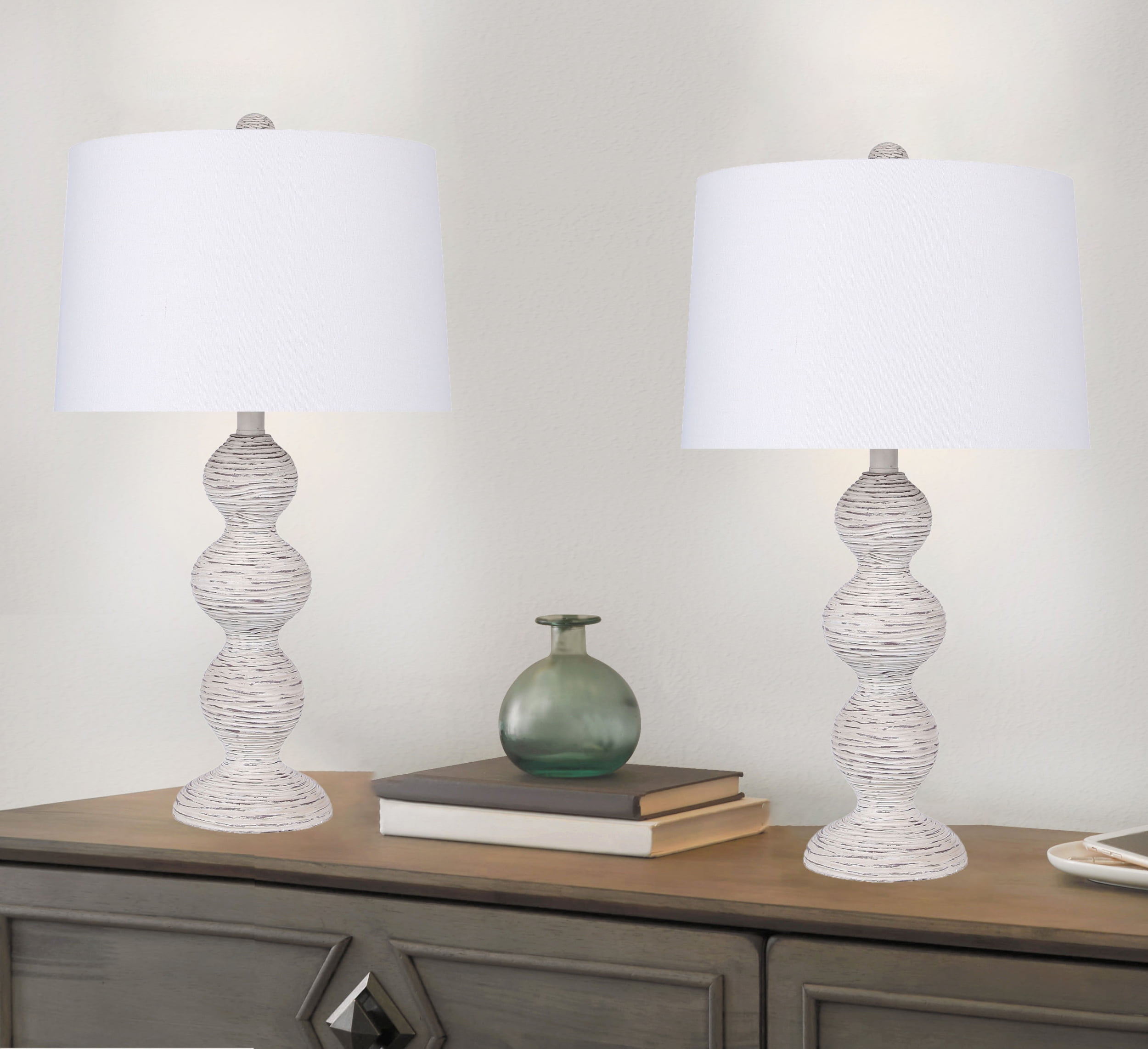 25.5" Aged White Wash Polyresin Table Lamp w/ Carved Base & Off-White Linen Shade (Set of 2)