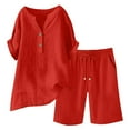 thumbnail image 4 of Sakmal Bermuda Women's Cotton Linen Shorts Sets Straight Leg High Waisted Plus Szie 2 Piece Outfits Casual Red Solid Ladies Shorts XXL, 4 of 5