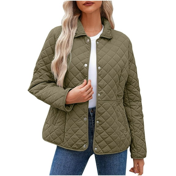 Women's Casual Quilted Jacket Lapel Long Sleeve Solid Color Lightweight Comfortable Outerwear Stylish Coat