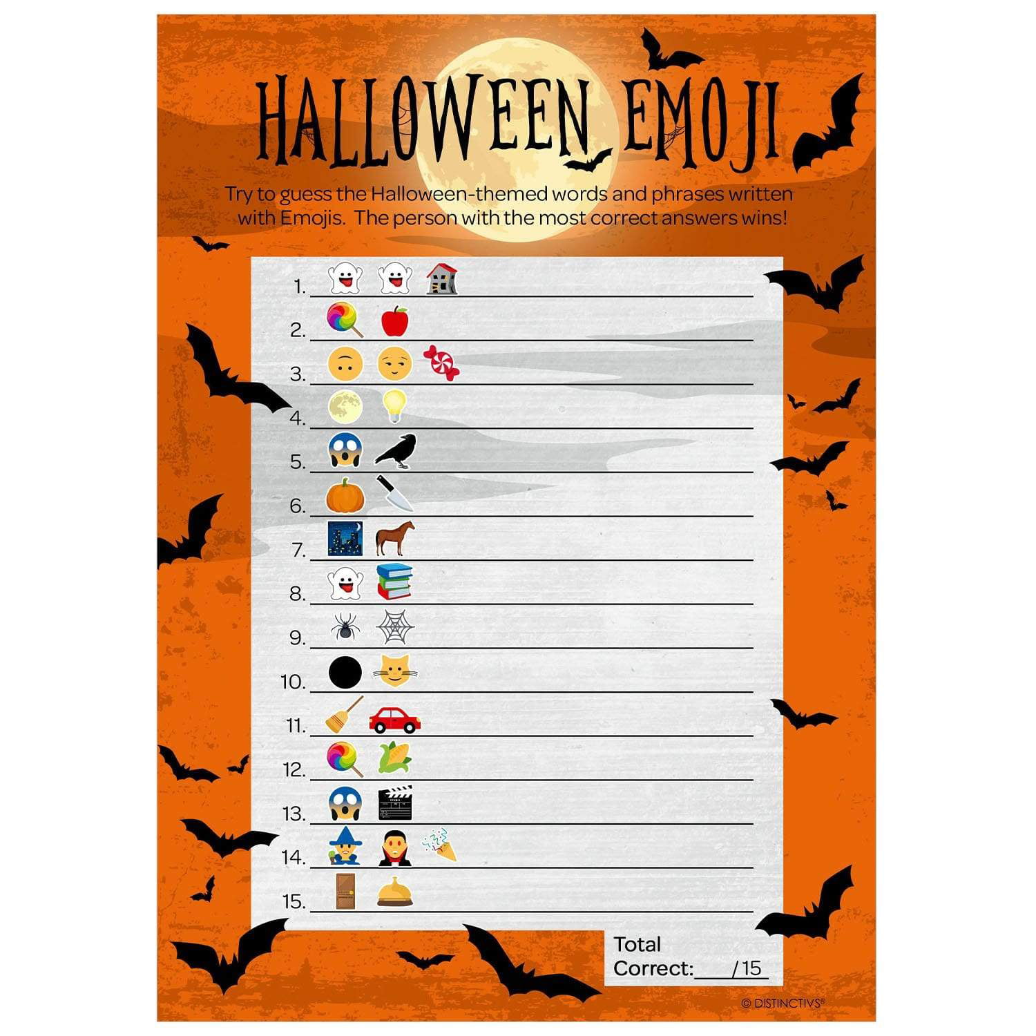 dato jordnødder Rettsmedicin Halloween Emoji Party Game - Guess the Halloween Item from Pictures - 25  Players - Distinctivs - Walmart.com