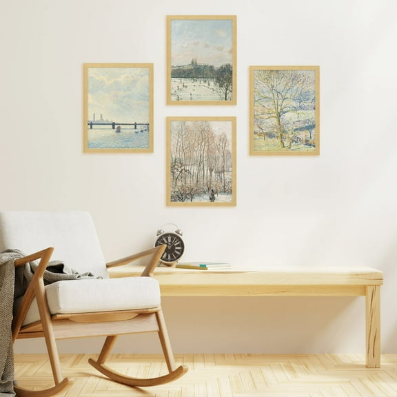 PixonSign Framed Wall Art Autumn Winter Countryside Lake Forest Posters, Set of 4 Multicolor Pastel Cityscape Canvas Prints, Classic Vintage Wall Décor for Home Decor - 11"x14" Natural