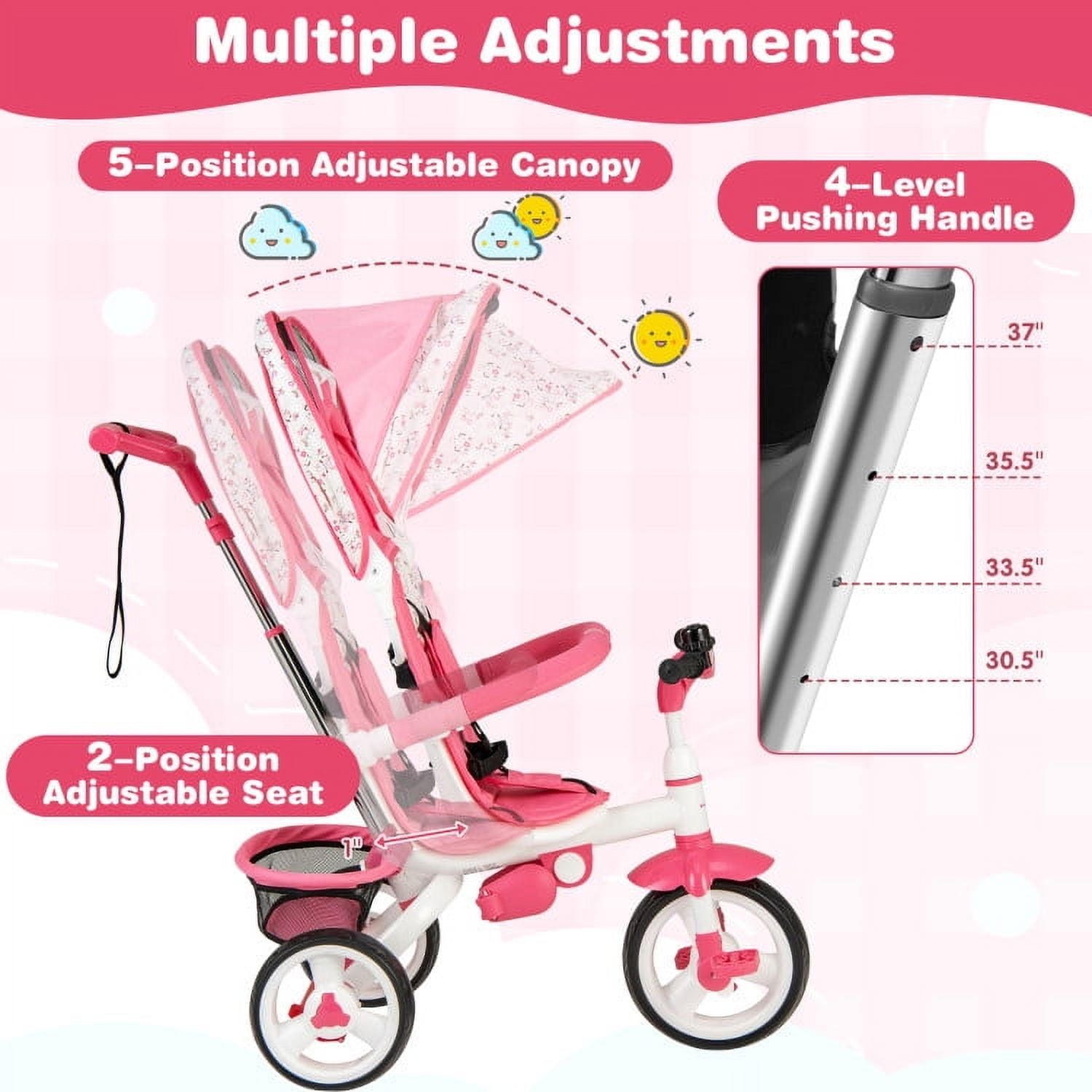 Resenkos 5-in-1 Detachable Baby Stroller Tricycle with Round Canopy-Pink, Infant Stroller for Infant & Toddler
