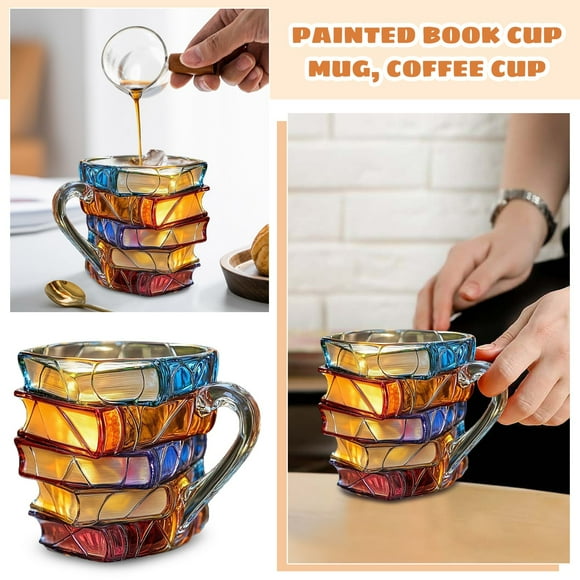 Painted Book Mug Coffee Mugs Set of Painted Book Design Heat-Resistant Ceramic Cups with Comfort Handle, Gift Ready Packaging 12 Oz 1Pc