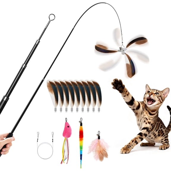 Potaroma Carbon‑Fiber Retractable Cat Wand Toy, Lightweight Feather Teaser Stick with 9 Detachable Feathers, Bells & Multi‑Attachment Kit