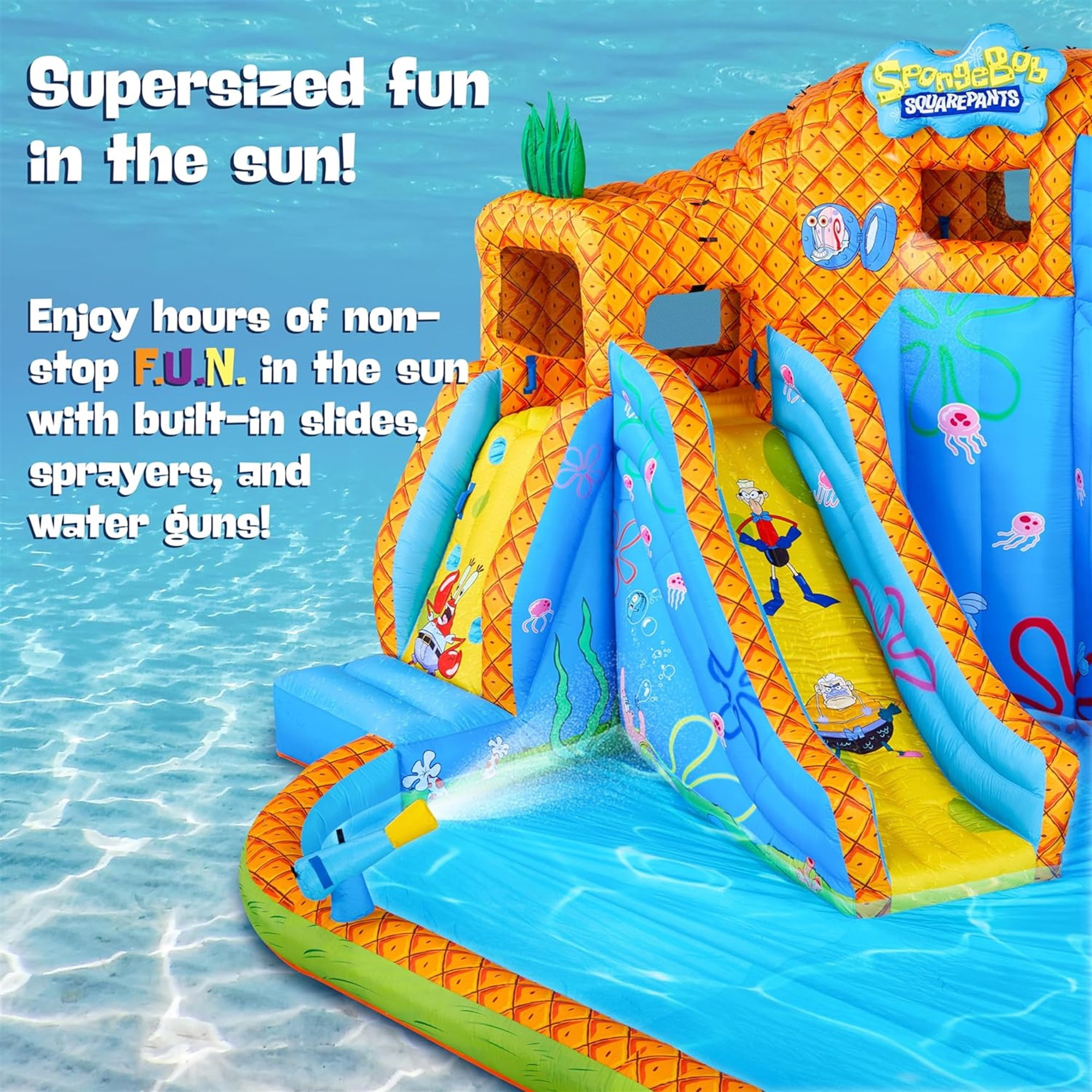Sunny & Fun Fun SpongeBob Inflatable Water Slide with Climbing Wall, Dual Slides & Splash Pool