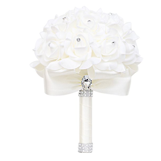 XmhyTop Ramo de novia de rosas artificiales blancas, ramo de dama de honor con cintas de diamantes, ramos de flores falsas para bodas, compromisos, iglesias