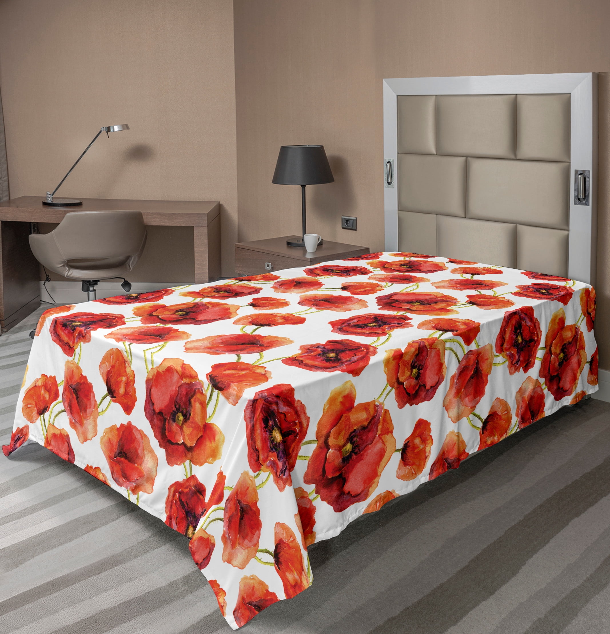 Flower Flat Sheet, Floral Pattern Poppies Print Design Style Artwork