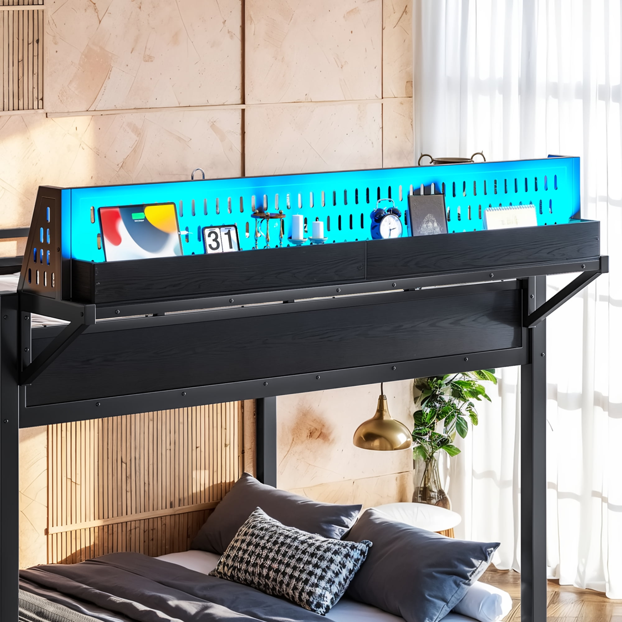 Leumius Full over Full Size Bunk Bed with Storage Shelves and Pegboard,Heavy Duty Metal Bunk Bed with USB Ports and LED Lights,Space-Saving,Black