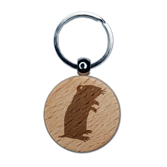 Gerbil Standing Profile Round Keychain Charm Tag - Engraved Wood
