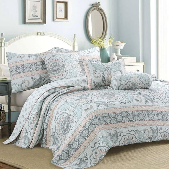 Light Blue, Coral, Gray Leaf Microfiber Reversible 3-Piece Quilt Set