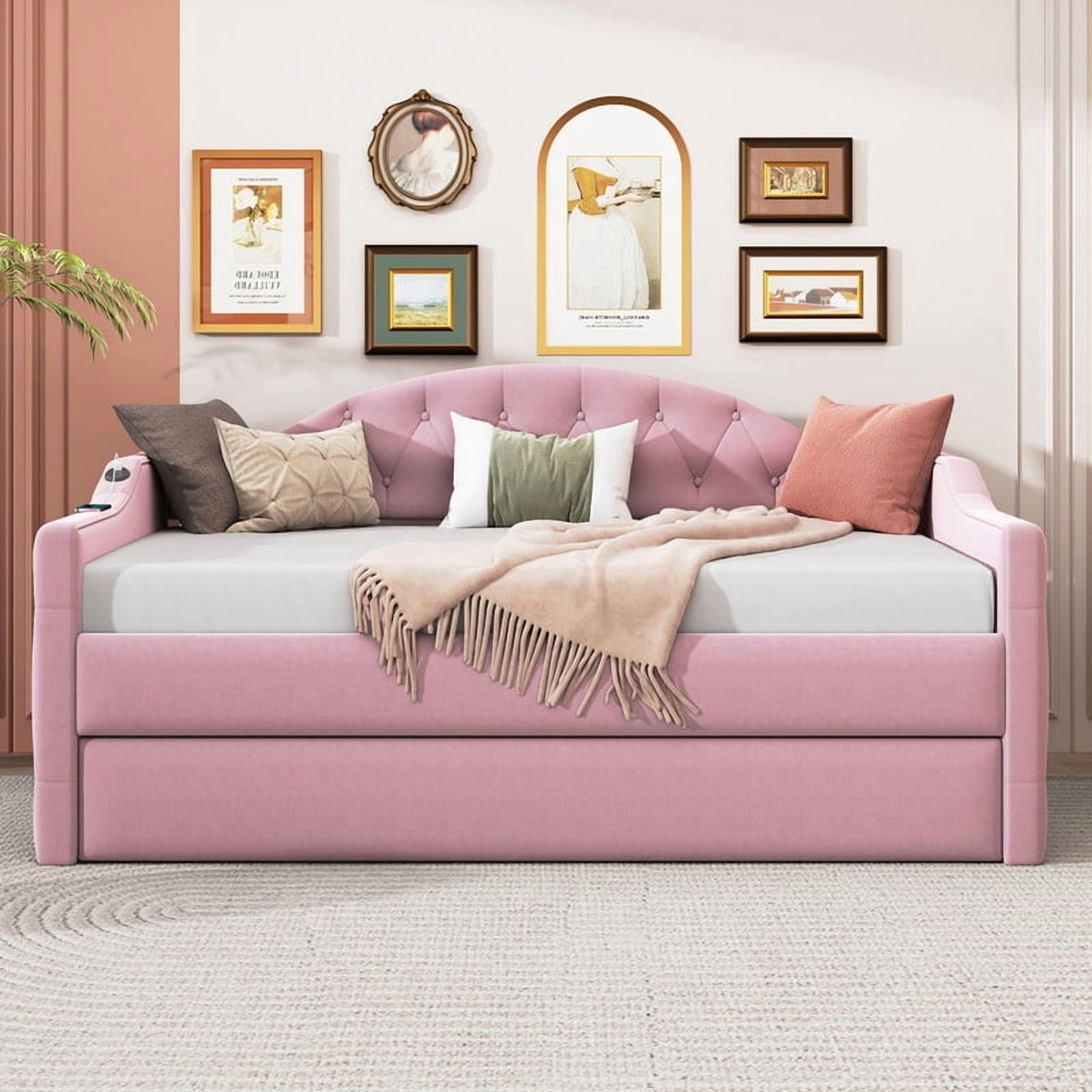 Twin Size Tufted Daybed with Trundle & Backrest, Velvet Upholstered Sofa Bed Frame with USB & Type-C Ports