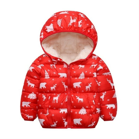 

1-6Y Christmas Kids Baby Hooded Fleece Lined Down Jacket Boys Girls Thicken Warm Winter Puffer Coat Outerwear