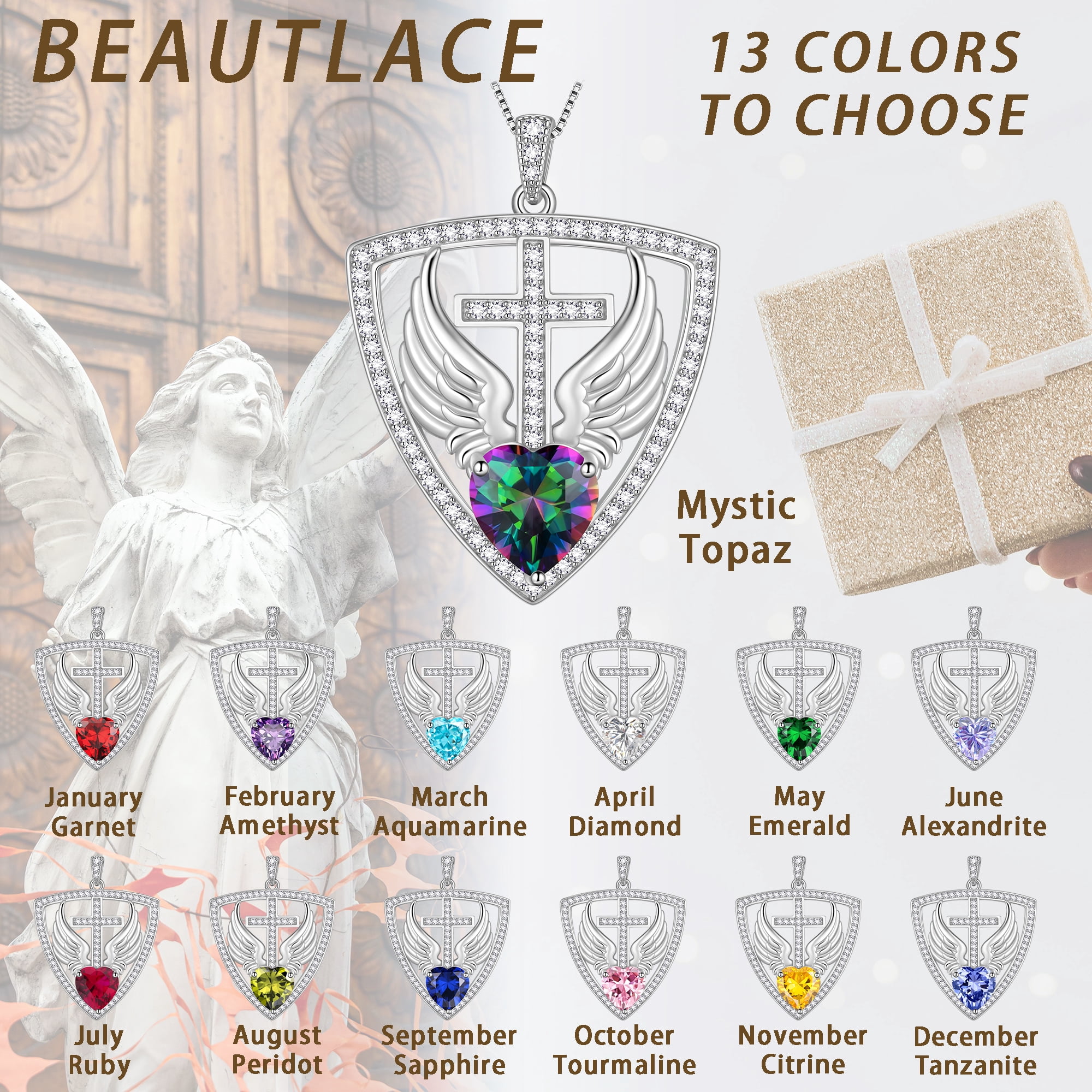 Beautlace 925 Sterling Silver Cross Shield Necklace with Wings and Heart December Tanzanite Birthstone Pendant Necklace Faith and Guardian Jewelry Birthday Christmas Valentines Gifts for Women Mom