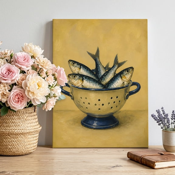 Canvas Wall Art Sardines Fish Canvas Art Print Coastal Nautical Rustic Yellow Colander Bowl Pictures Wall Decor for Living Room Bedroom Artwork Decorations Stretched Framed Ready to Hang 8"x10"