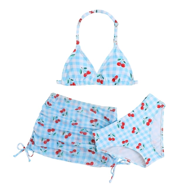 Huanglei Girls Bikini Swimwear Cute Cherry Print Two Piece With Rash Guard Top And Bottom ,7-8 Years