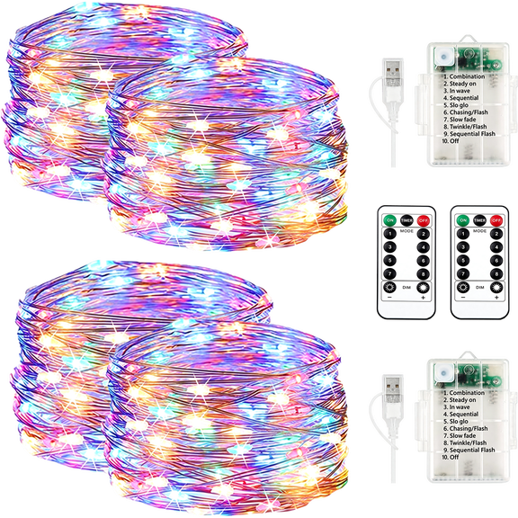 osteplus 2 Pack Fairy Lights Battery Operated with Remote Multicolor 33FT, Waterproof String Lights Battery/USB, 4 Lines 100 LEDs 8 Modes Timmer for Indoor Outdoor Home Party Gazebo Tree Xmas Decor