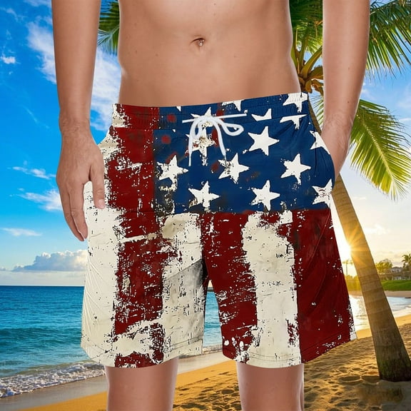 WAENQINLA USA Flag Men's Swim Trunks Quick Dry Board Shorts with Pockets Breathable Hawaii Beach Shorts Swimwear Bathing Suits