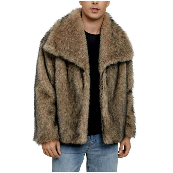Mens Faux Fur Jacket Fluffy Furry Zipper Coats Lapel Collar Long Sleeve Outerwear Winter Warm Cardigans (XL, Khaki)