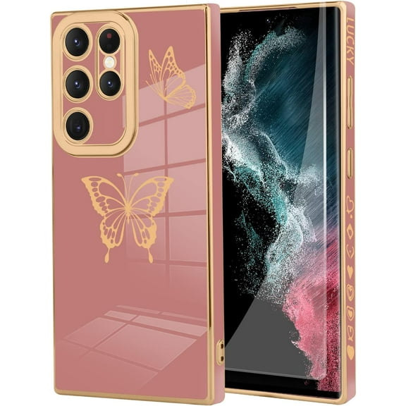 Samsung Galaxy S23 Ultra 6.8 Inch Luxury Plating Cute Butterflies Cover with Screen Protector Fun Side Pattern Soft TPU Shockproof Full Camera Lens Protection Electroplated Case - Pink