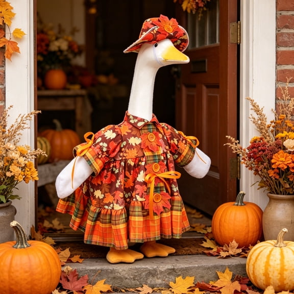 Qocolcyl Fall Harvest Yard Duck Outfits,Thanksgiving Pumpkin Sunflower Print Dress & Matching Bow,Lace Trim Autumn Goose Clothes for Front Porch Garden Lawn Farmhouse Indoor Outdoor Holiday Decor