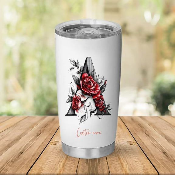 20oz Personalized Tumbler with Lid, Floral Initial 'A' Design, Insulated Stainless Coffee Mug, Flower Theme, for Women, Sister, Friends, Birthday, Wedding, Mother's Day