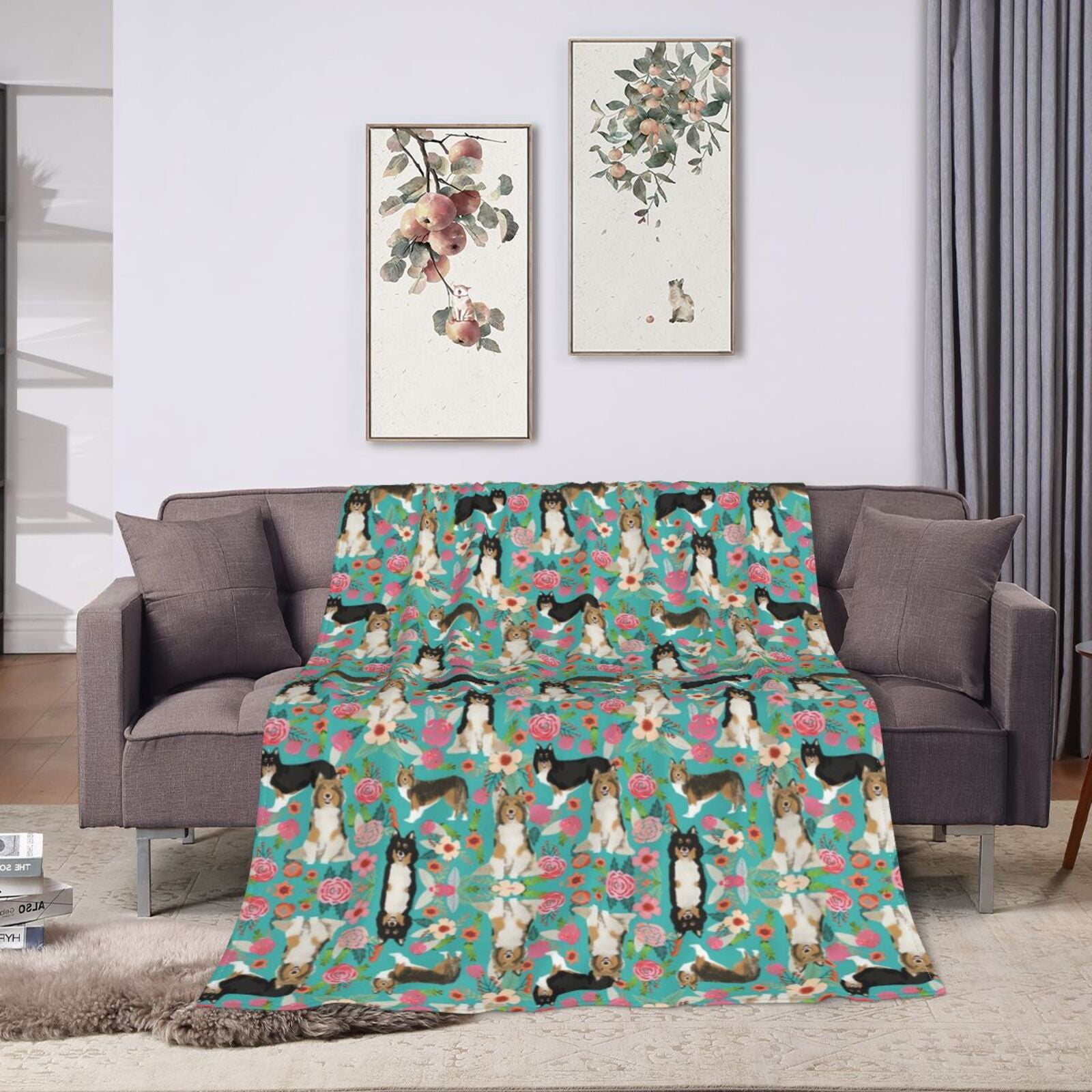 Wijzvio Sheltie Dog Green Flower Floral Throw Blanket Soft Fuzzy Fleece Blanket For Couch Bed Living Room Decoration 50"X40"