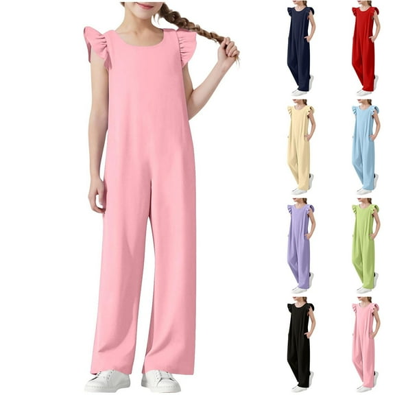 lcziwo Girls Wide Leg Loose Jumpsuit Kids Casual Cap Sleeve Round Neck Long Romper Summer Onesie Pants with Pockets Blue Birthday Gifts