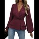 thumbnail image 1 of Camisa Elegante de Larga con Cuello en V, Doble Botonadura y Volantes en Color Liso para Mujer Vino Tinto M, 1 of 10