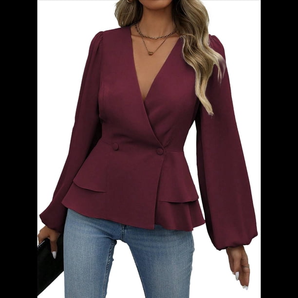 Camisa Elegante de Larga con Cuello en V, Doble Botonadura y Volantes en Color Liso para Mujer Vino Tinto M