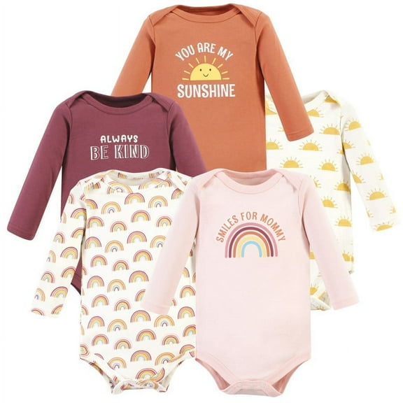 Hudson Baby Infant Girl Cotton Long-Sleeve Bodysuits, Sunshine Rainbows 5-Pack, 18-24 Months