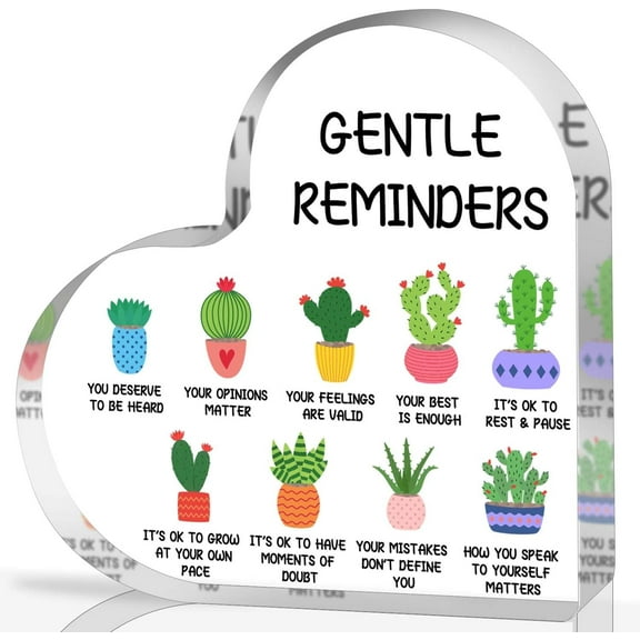 Gentle Reminders Decor, Positive Affirmations Desktop Art Decorations for Home Therapy Office School Counselling Office Mental Health Awareness Gifts, Heart Shape Acrylic Cactus Sign Decor