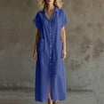thumbnail image 6 of ClodeEU Women's V Neck Short Sleeve Button Down Maxi Dress,Casual Loose Dress with Front Slit Blue,Women's Plus L, 6 of 7