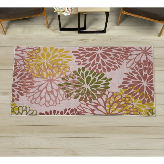Flower Decorative Rug, Modern Dahlia Inspired Petals Blossom Abstract Garden Artwork Design, Quality Carpet for Bedroom Dorm and Living Room, 6 Sizes, Dried Rose Green Yellow, by Ambesonne