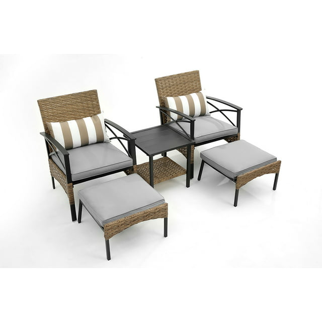 Wicker Patio Bistro Set, 5 Piece Outdoor Lounge Chair Chat Conversation Set with 2 Cushioned Chairs, 2 Ottomans, Wicker Table, PE Wicker Rattan Patio Furniture Set for Backyard, Porch, Garden, LLL312