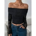thumbnail image 4 of Camiseta de Larga con Hombros Descubiertos y Ribete de Encaje para Mujer, Estilo Y2K, con Doble Forro y Tendencia Negro M, 4 of 6