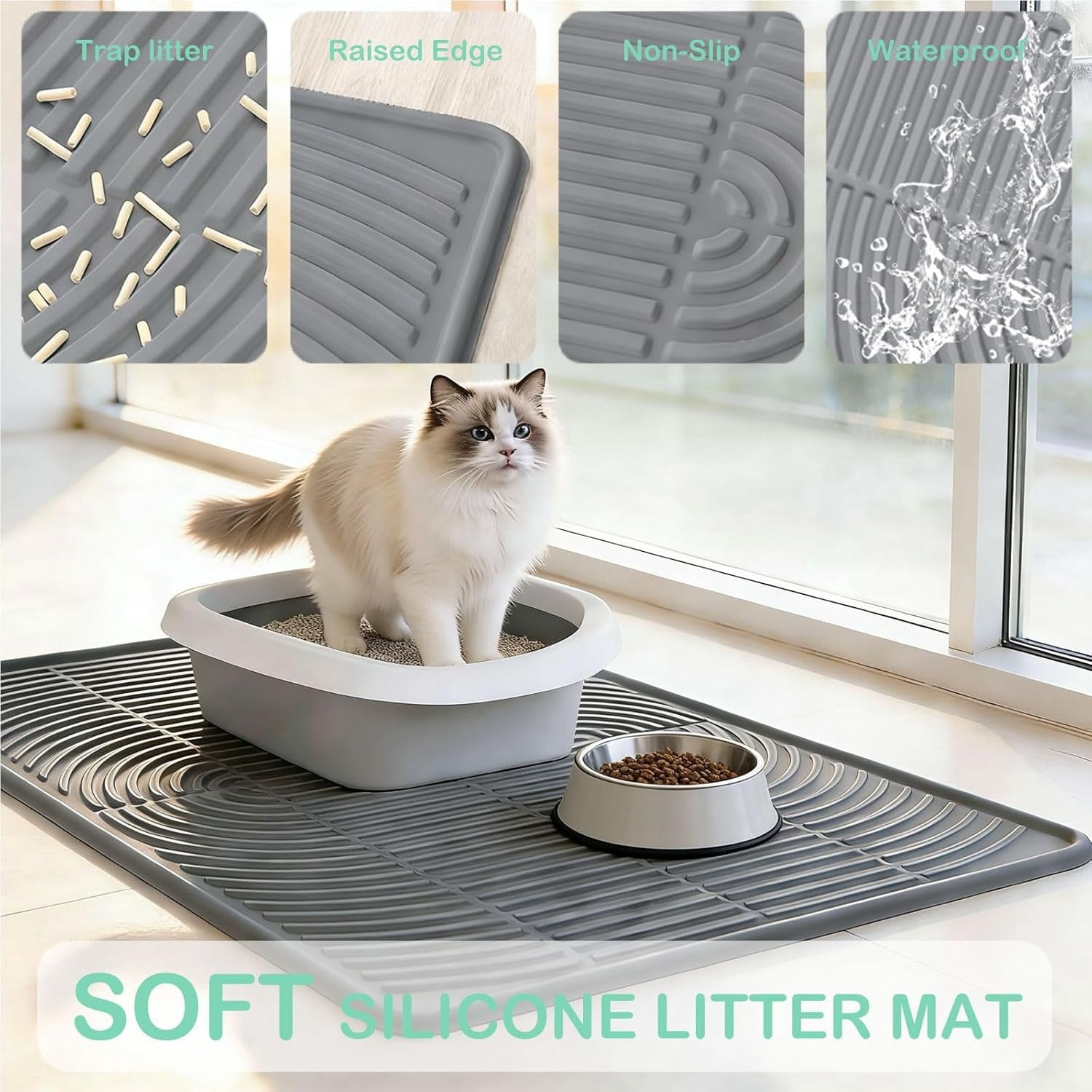 Litter Mat for Litter Box, 40x28 Inch   Litter Trapping Mat,  & Non-Slip Floor Protector, Soft  Kitty Paws, Easy to Clean & Durable, Gray