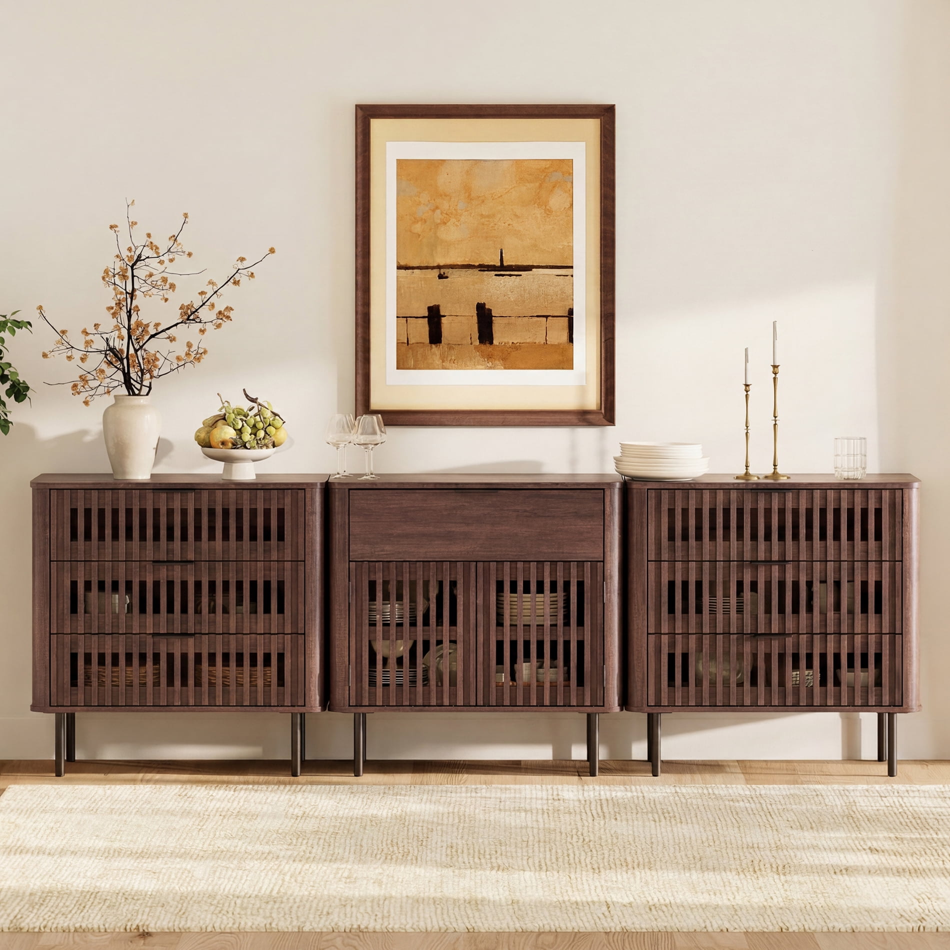 94.5 Inch Large Fluted Buffet Cabinet Sideboard with Storage, Pop-Up Doors & Adjustable Shelf, Wood Modern Accent Coffee Bar Console Table with Drawers for Kitchen, Living Room, Walnut