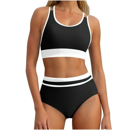 Hfyihgf Women s High Waisted Bikini Sets Cheeky Two Piece Swimsuits Color Block Sporty Bathing Suits High Cut Swimwear(Black S)