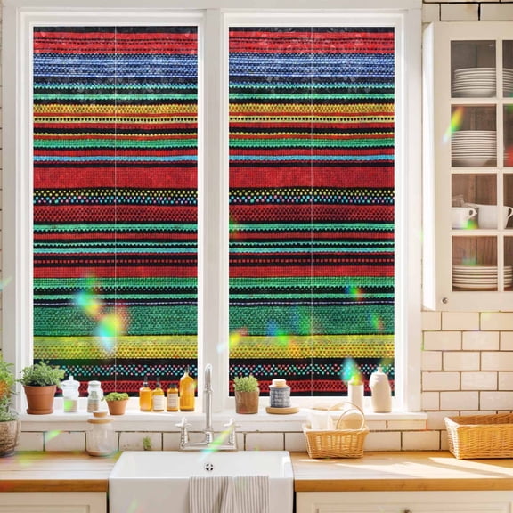 Mexican Colorful Stripes Window Privacy Film,Decorative Windows Static Cling Rainbow Lines Ethnic Style Heat Control Removable Glass Sticker for Home Bathroom Bedroom Window Door,17.7x39.3in