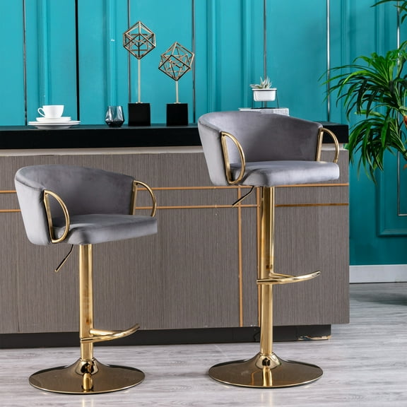 2 Bar Stools , Grey Fabric Covered With Golden Legs, Footrest & Base, Swivel Height Adjustable Stool, Mechanical Lifting, Foam Filled, 21.2 In. Depth, 18.45 Width, 34.05 Height, 17 Lb Weight Of