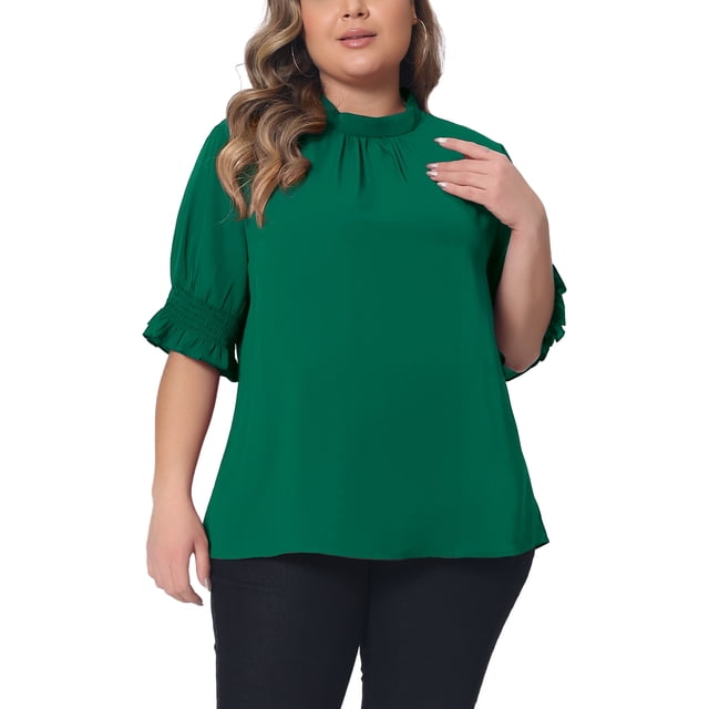 Blusa de trabajo para mujer de tallas grandes Agnes Orinda, con pliegues, de manga corta, cuello simulado y mangas abullonadas, 4X, verde
