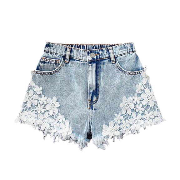 Girls Floral Lace Denim Shorts, Partial Elastic Waist Frayed Raw Hem Light Washed Jean Shorts, Cute Casual Summer Kids Bottoms for Daily Wear(Blue,8-9 Years)