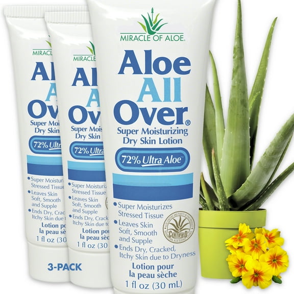 Miracle of Aloe Aloe All Over Super Moisturizing Dry Skin Lotion (3-Pack, 1 oz) - Made with 72% UltraAloe Aloe Vera Gel. Safe for Everyone: Men, Women, Kids. Ends Flaking and Restores Dry Skin Fast