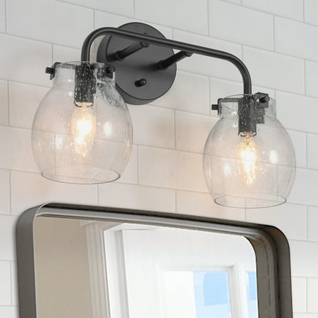 LNC Modern Black 2-Light Bathroom Vanity Light with Seeded Glass