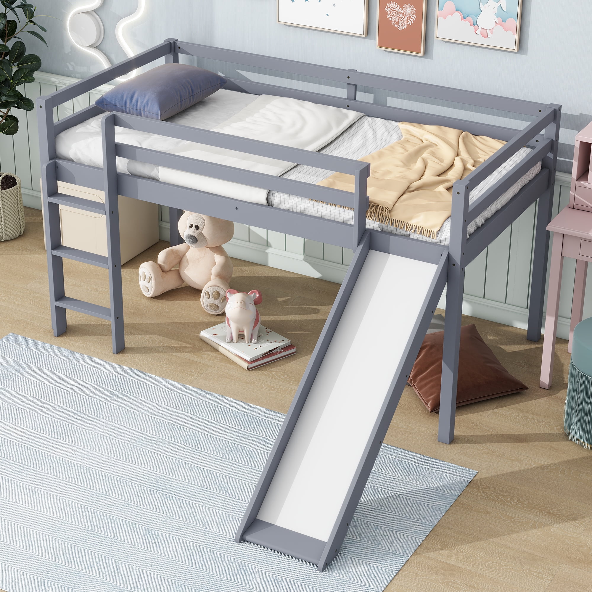 Sailvan Twin Low Loft Bed with Slide, Ladder, Safety Guardrails, Rubber Wood Twin Loft Bed