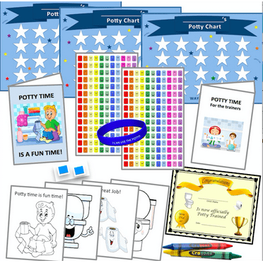 Potty Training (6wks) 322 Pieces, System-Kit/Guide- 1 Blue Potty, 3 Charts, 308 Stickers, Certificate, Bracelet, 4 Color Sheets, 2 Crayons (4 Color) Wall Putty- 18 mos- 4 yrs, Bundle Board Boutique