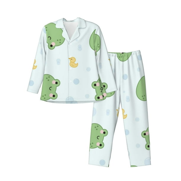 Balery Kawaii Frogs Pijama para Hombre de Dos Piezas con Manga Larga, Conjunto de Dormir y Descanso Suave con Bolsillos-Medium