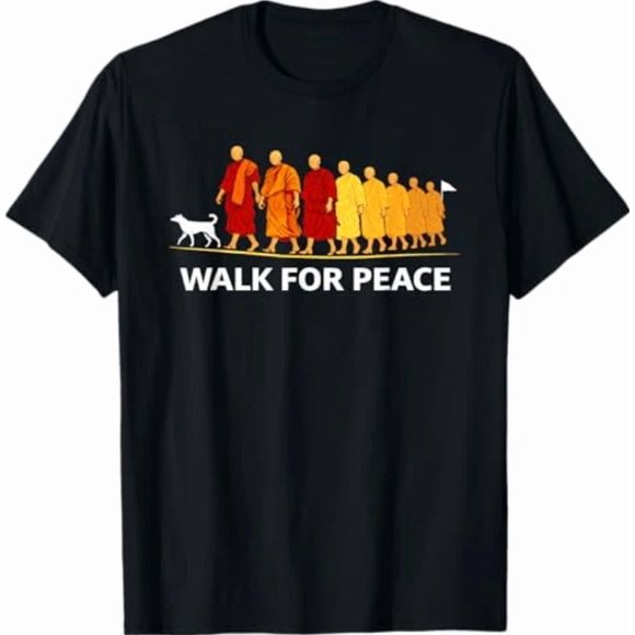 Marche Rétro pour la Paix Moines avec Chien Aloka Art Spirituel Zen Minimaliste T-Shirt Unisexe NG7075, P-5TG
